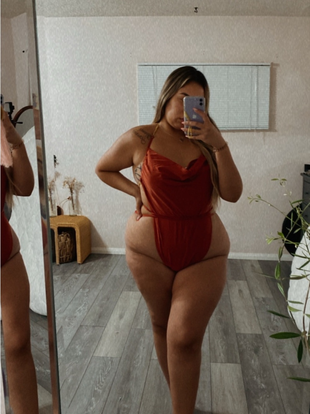Rust Red Satin One-Piece Bodysuit